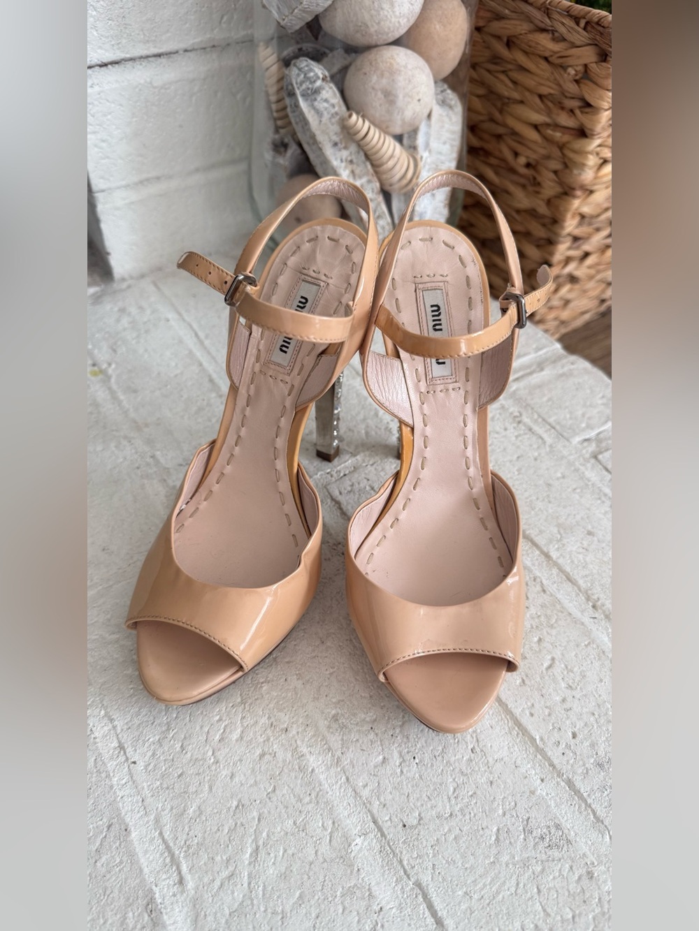 Miu Miu Crystal Heel Patent Leather Slingback Platform Sandals Nude EU 37 Y2K - Picture 11 of 13